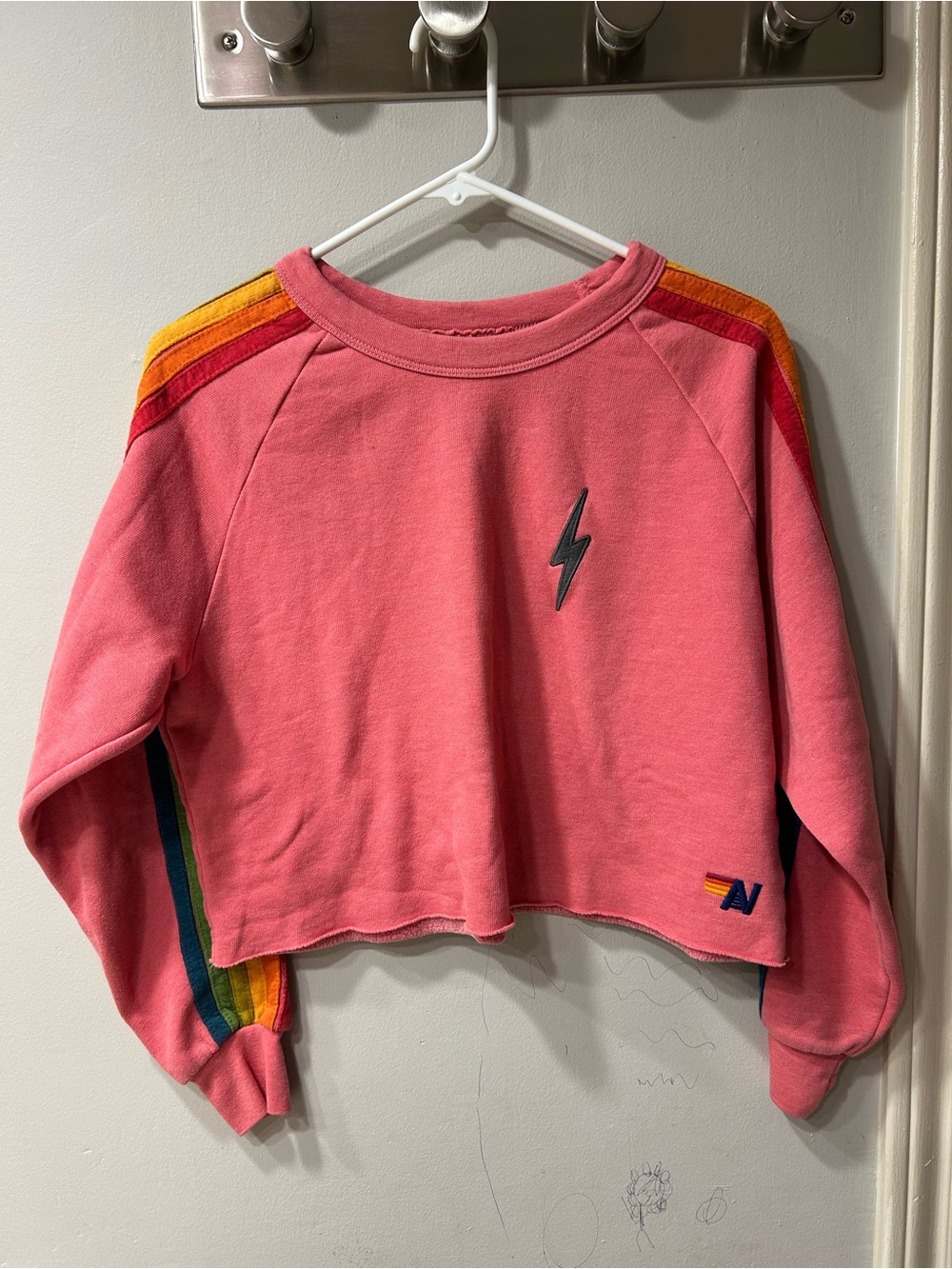 Aviator Nation Coral Pink Cropped  with Rainbow Shoulder & Side Stripes/ size S